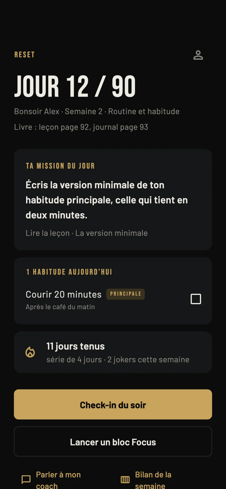 Écran d'accueil de l'app Mission 90