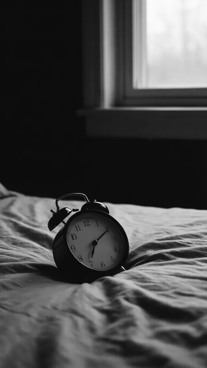 Un réveil posé sur un lit défait.