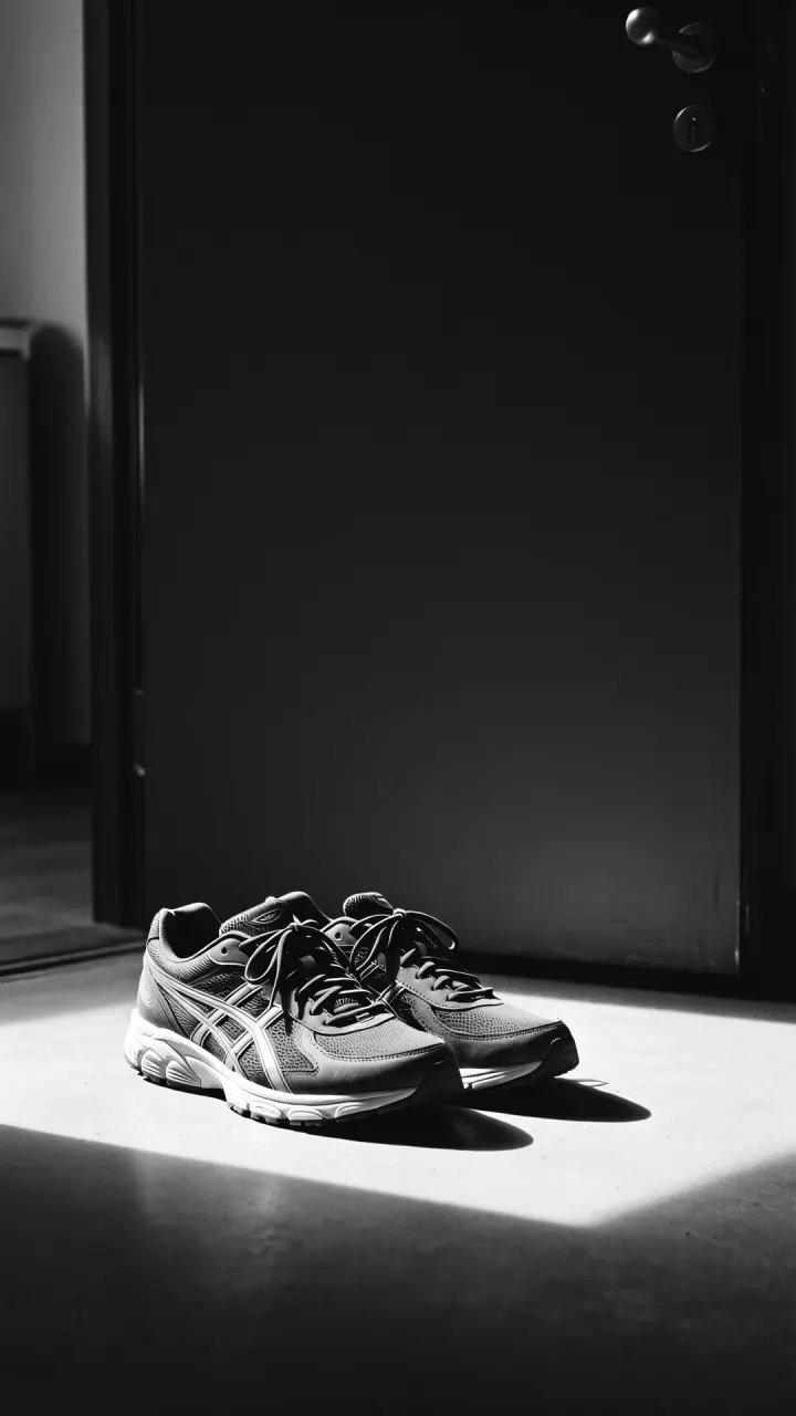 Des chaussures de course au pied d'une porte.