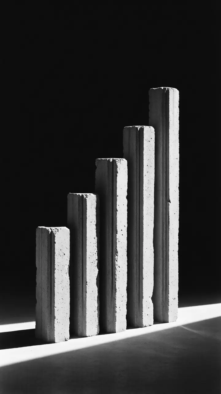 Sept colonnes de béton de hauteurs différentes, dans la lumière.